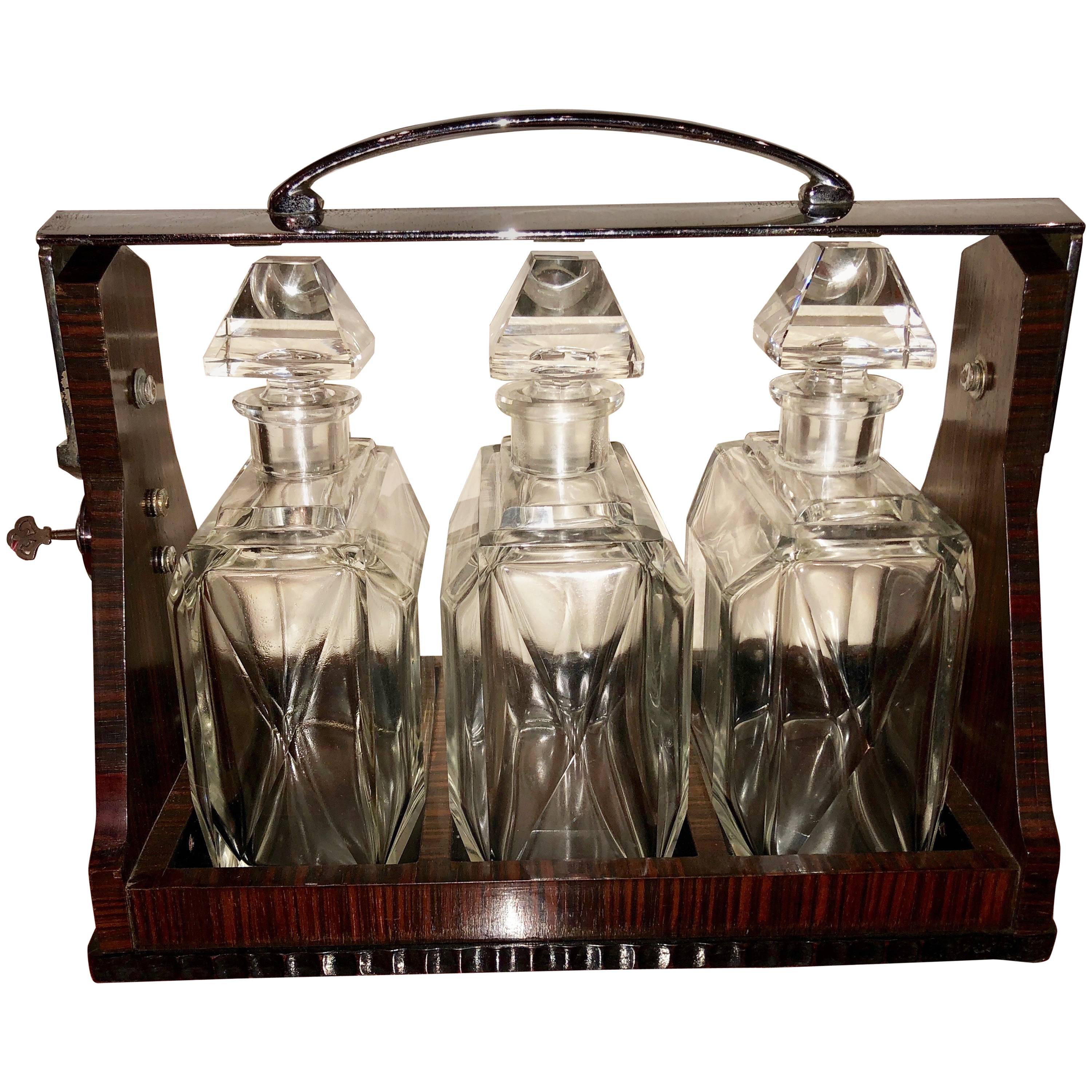 English Art Deco Modernist Macassar Three Bottle Tantalus, Betjemanns of London