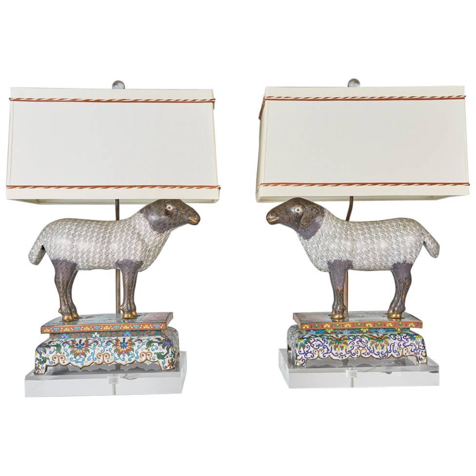 Pair of Antique Chinese Cloisonné Lambs Newly Mounted as Lamps