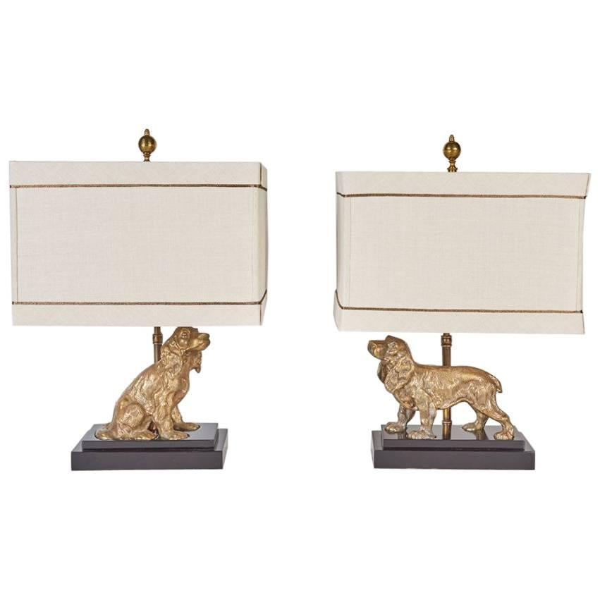 Complementary Pair of Brass Dogs Mounted as Lamps