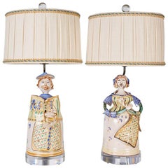 Pair of Midcentury Italian Faience Figures Custom Mounted as Lamps