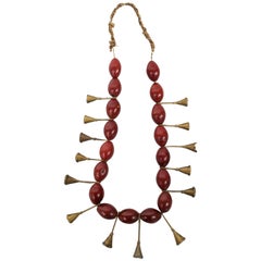 Antique Ao Naga Tribal Glass and Brass Trumpet Bead Necklace, Early to Mid-20th Century