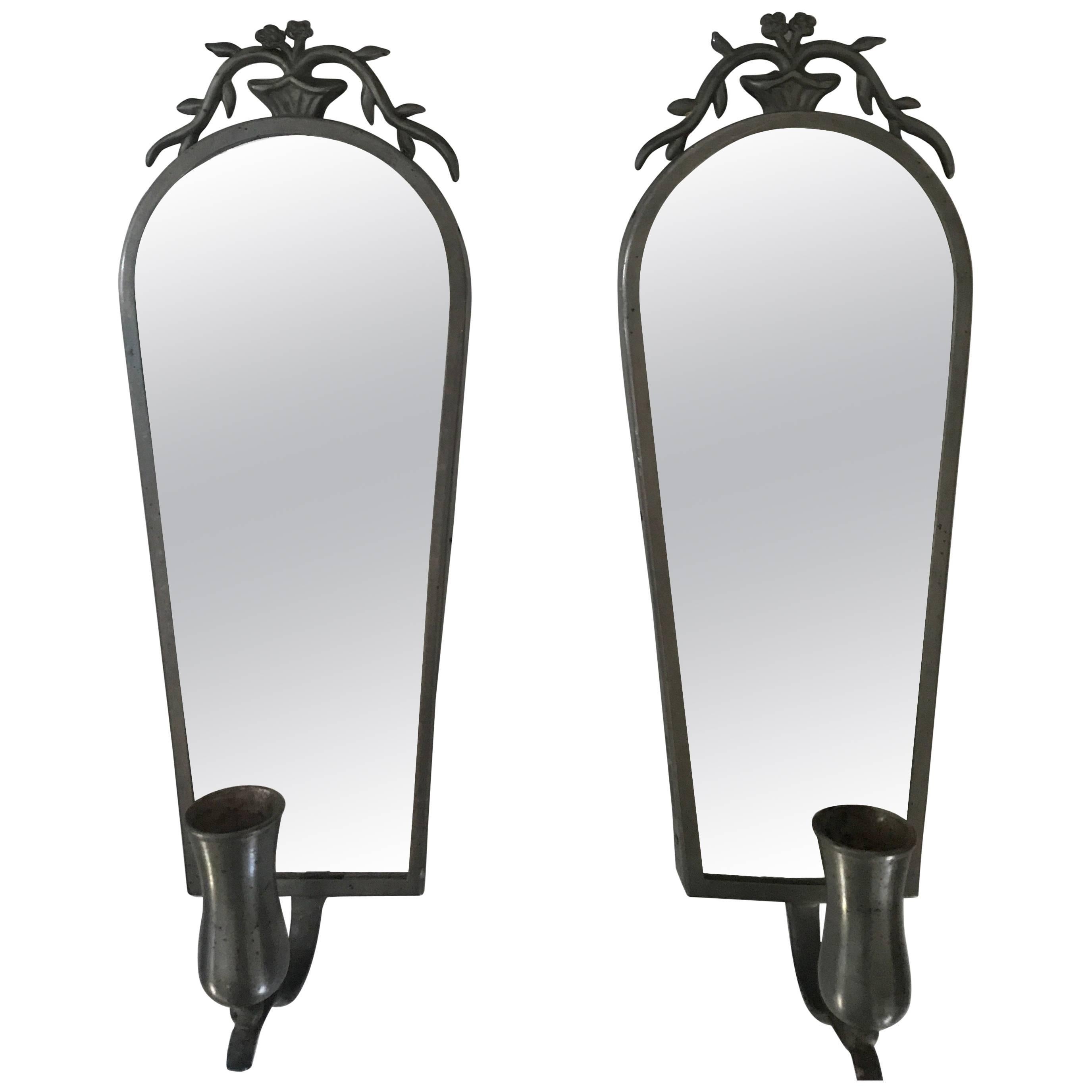 Pair of Swedish Grace Pewter Mirror Candle Sconces by Nils Fougsted Svenskt Tenn For Sale