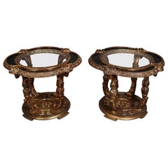 Pair of Italian Hollywood Regency Glass Top Gilt and Faux Marble End Tables