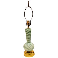 Murano Italian Brass & Glass Ribbon, Striped, Twist Table Lamp in Green & White