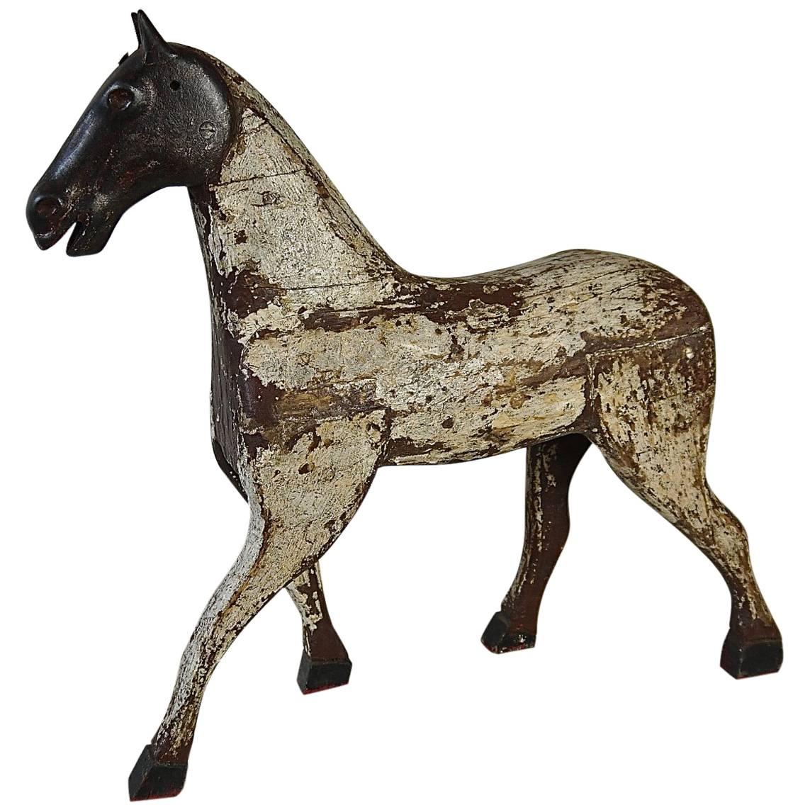 19th Century French Painted Toy Wooden Horse with an Iron Head