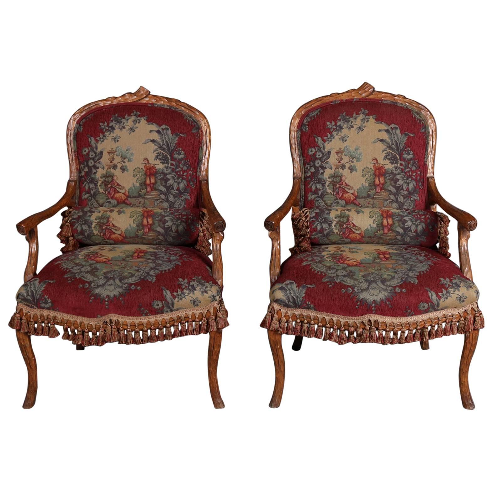 Pair of Antique Carved Walnut and Tapestry Stick Form Armchairs, 19th Century