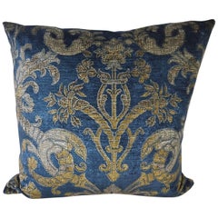 French Blue Velvet Large Pillow Printed with a Classical Design, circa 1950s