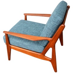 Arne Vodder Teak Frame Lounge Chair Flared Arms Teal Tweed Upholstery