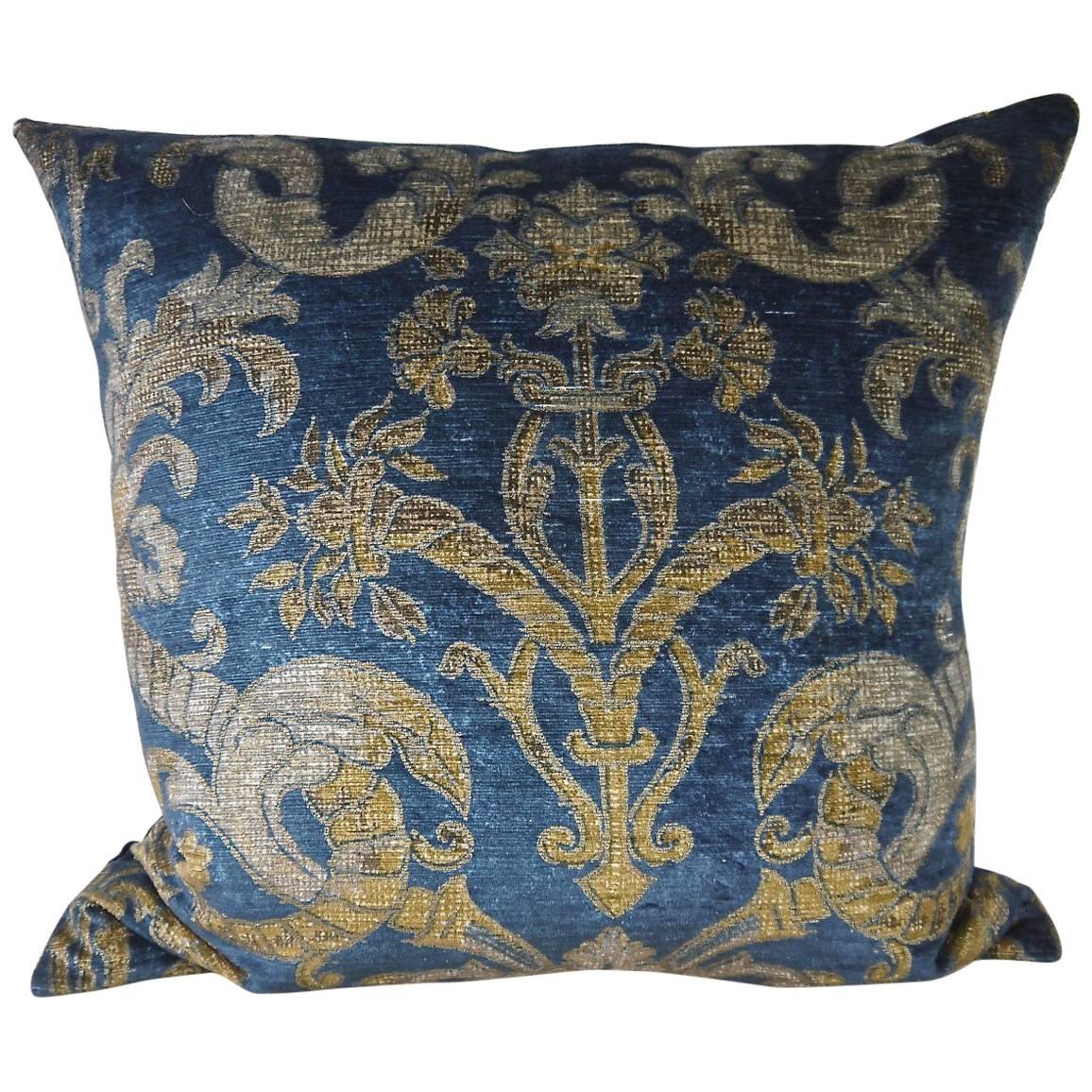 French Blue Velvet Large Pillow Printed with a Classical Design, circa 1950s