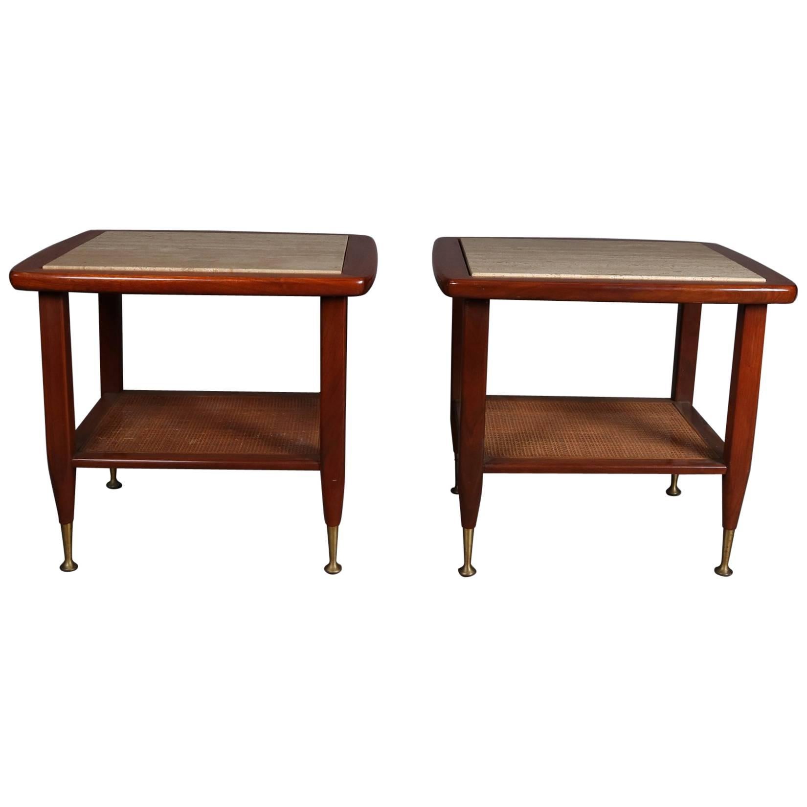 Pair of Italian Mid-Century Modern Teak, Marble & Caned End Stands, 20th Century