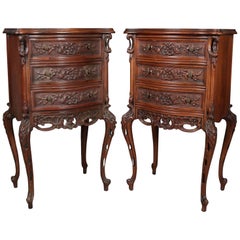 Pair of Antique French Foliate Carved Mahogany Three-Drawer Stands, 20th Century