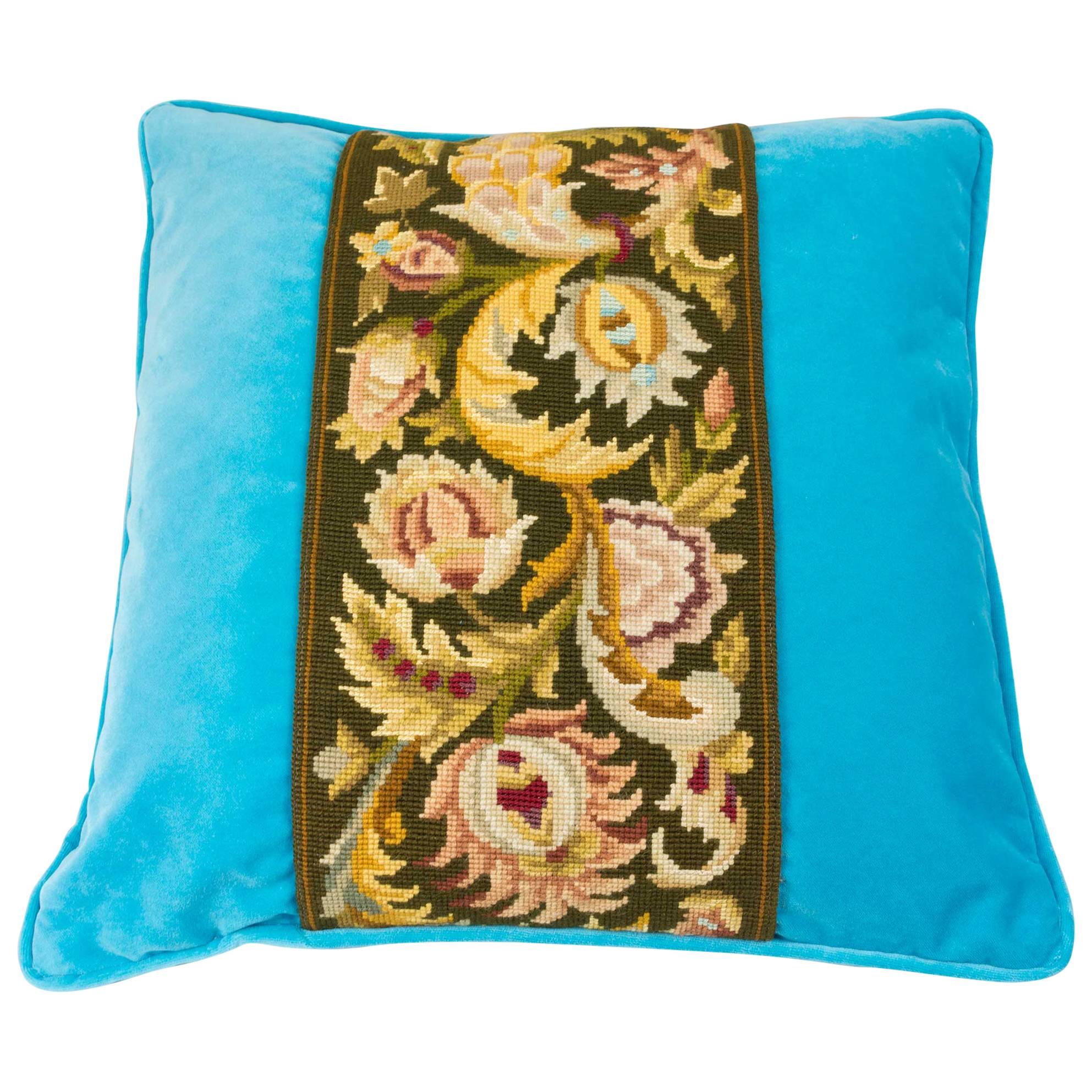 Tapestry Decorative Pillow Floral Design on Blue Velvet For Sale