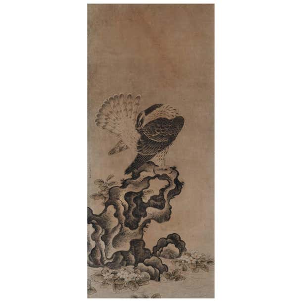 Japanese Painting, Framed Panel, 17th Century Falcon by Mitani Toshuku ...