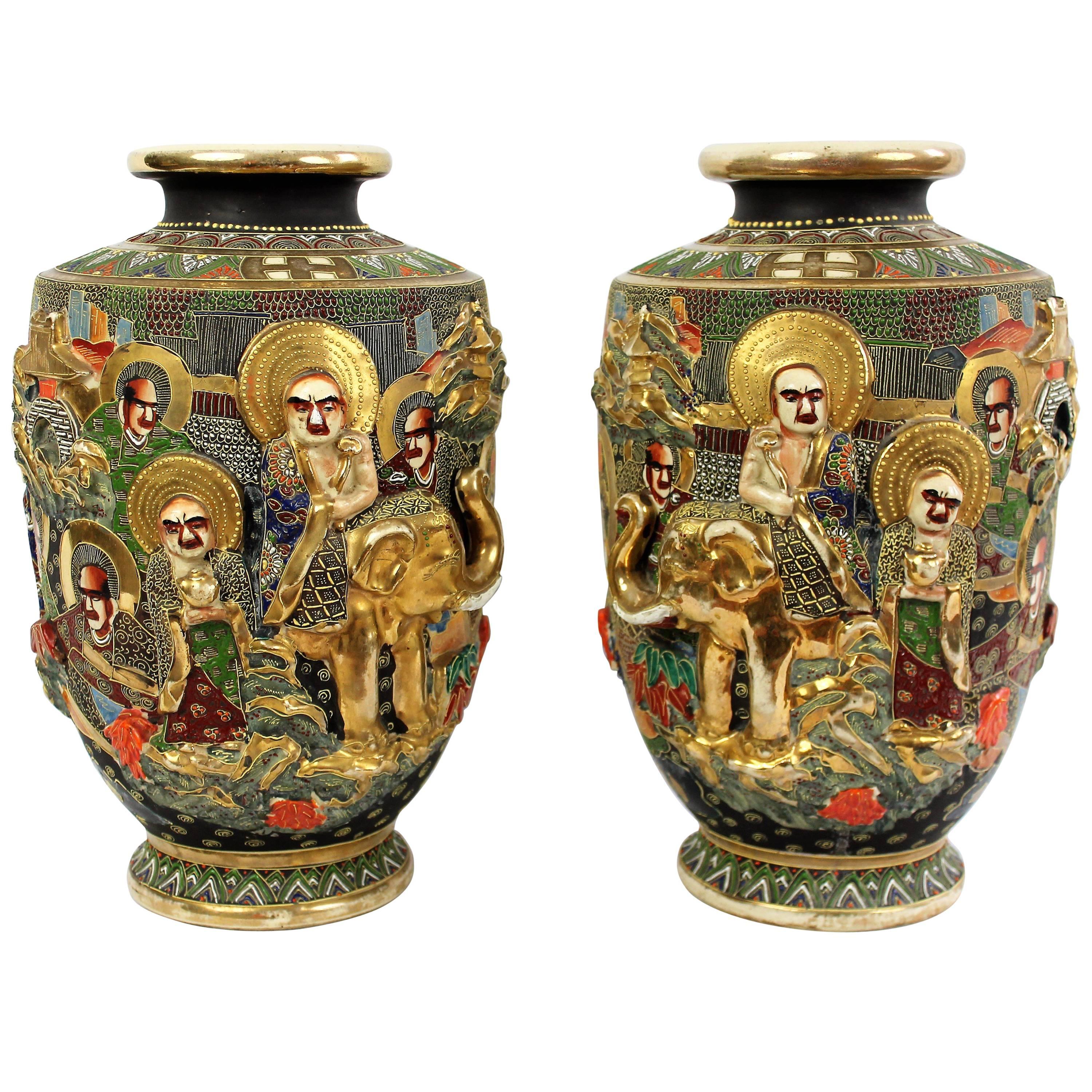 Pair of Satsuma Porcelain Vases, Relief Decor, Japan