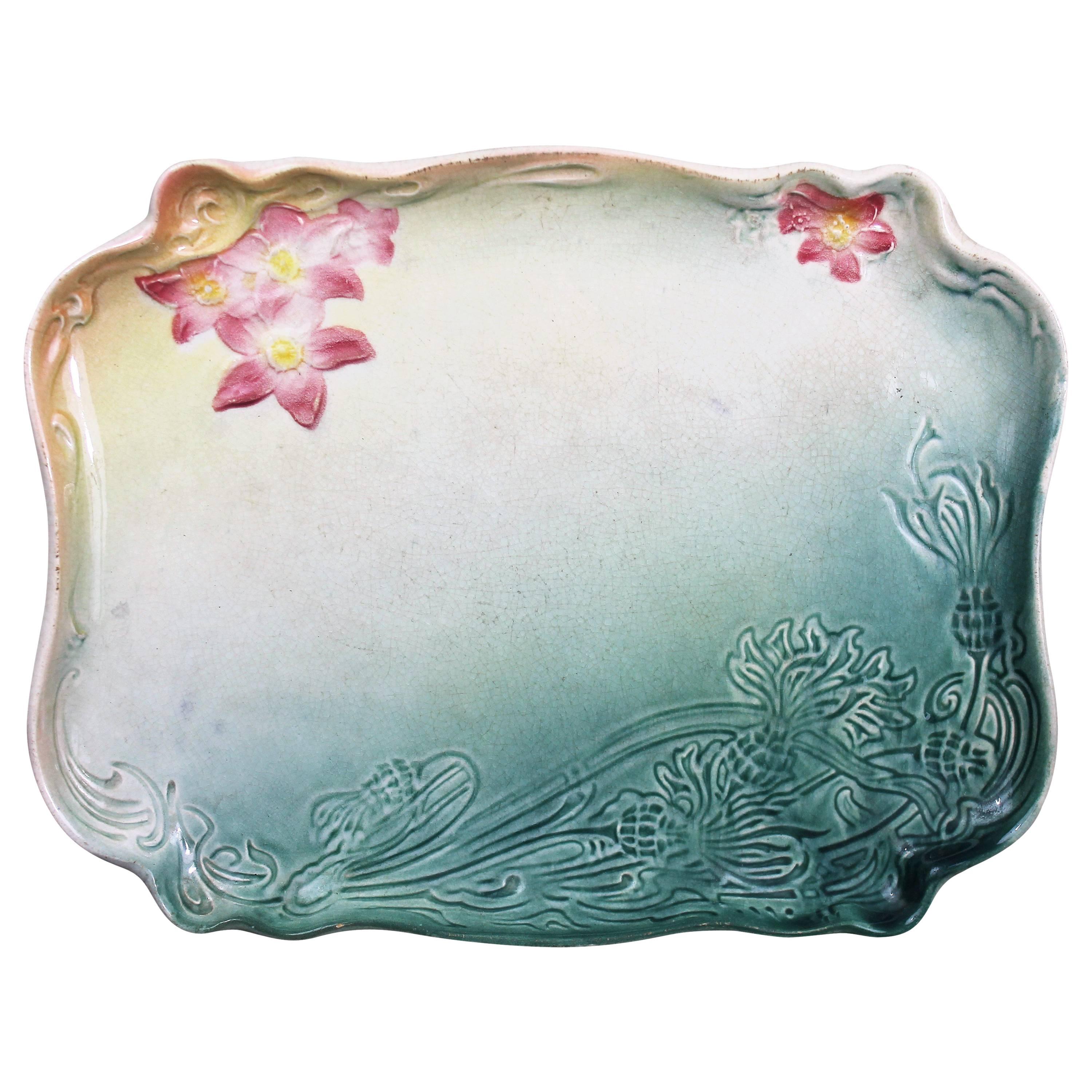 Art Nouveau Plate in Earthenware with a Green and Pink Flower Decor For Sale