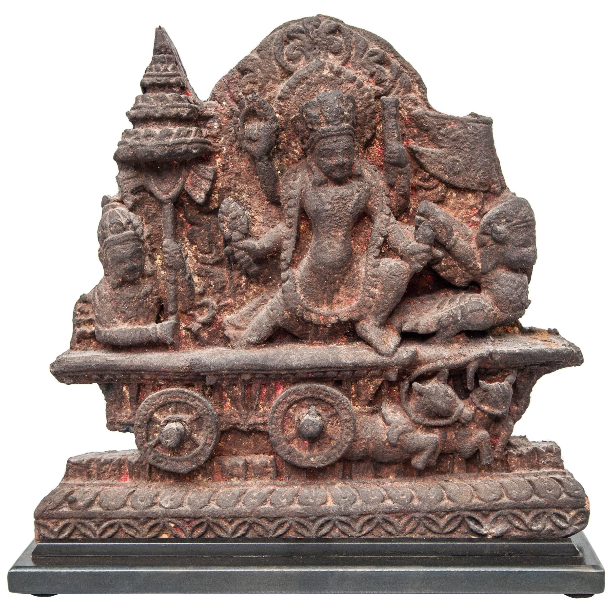 Terracotta Votive Plaque from Nepal, Early to Mid-20th Century. On Metal Base.