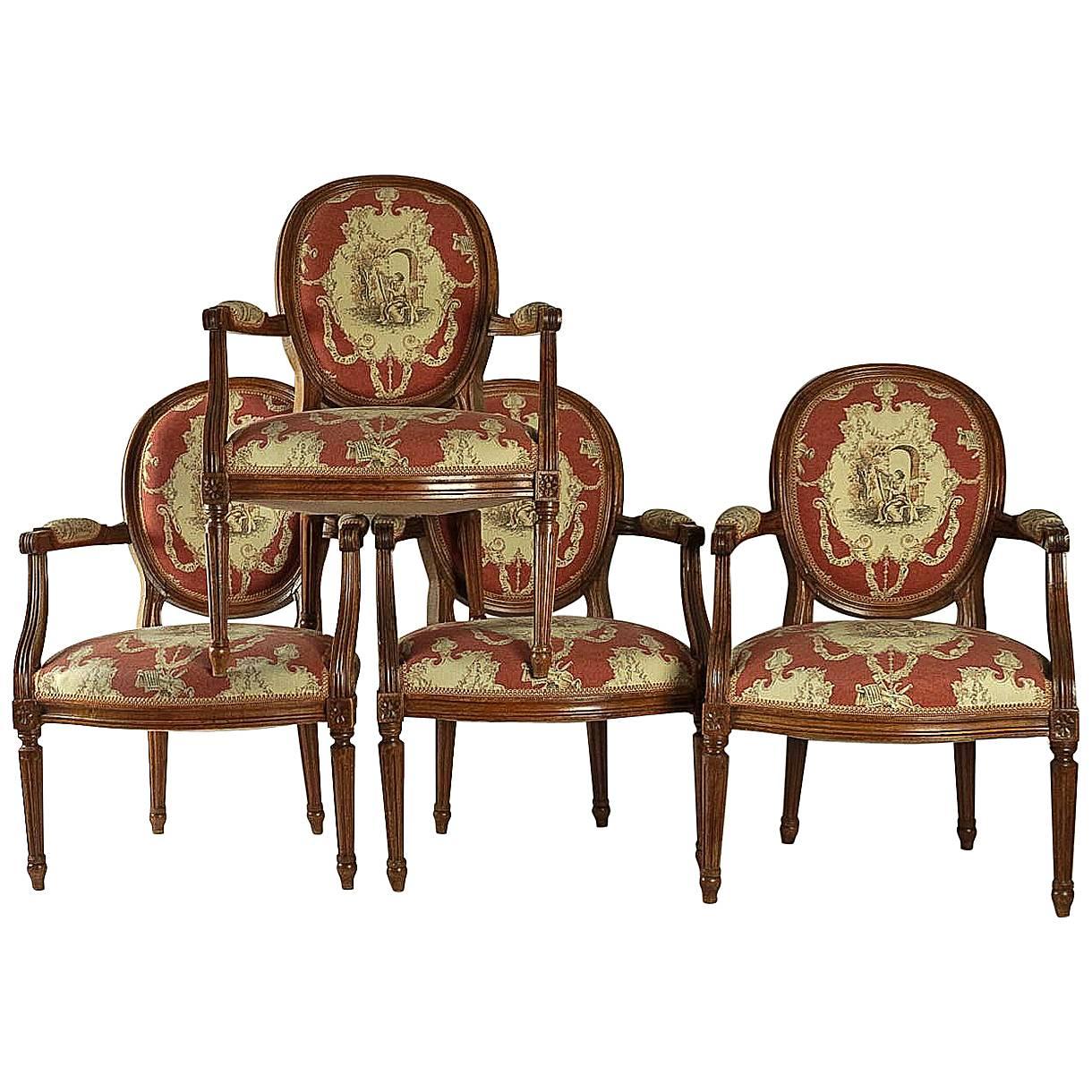 Set of Four French, 19th Century, Louis XVI Style Fruitwood Armchairs For Sale