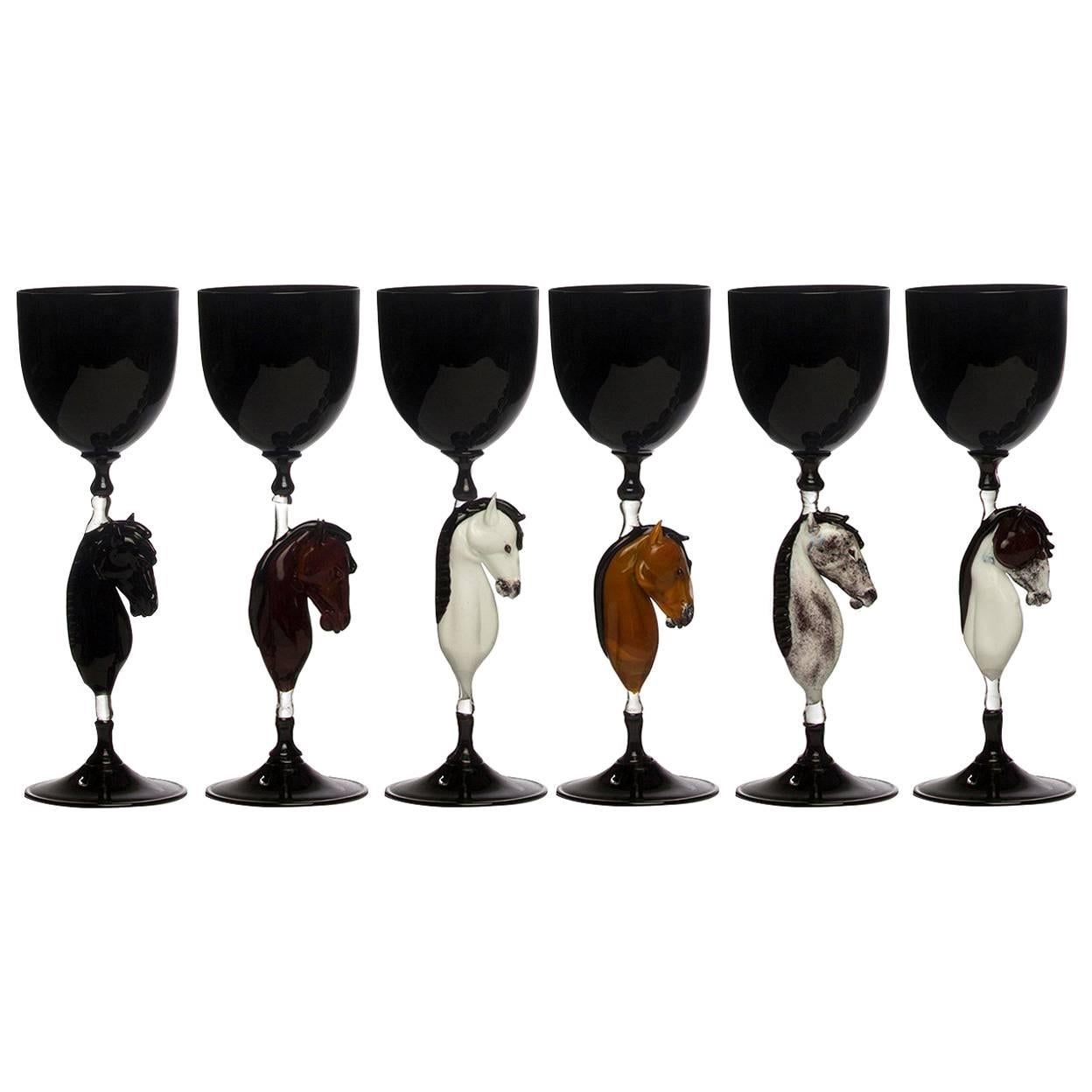 Set of Six Horse Murano Glasses