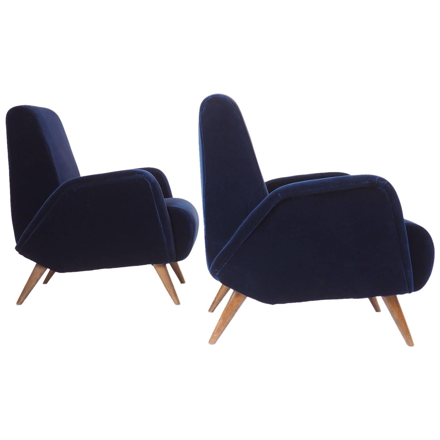 Pair of Blue Velvet Armchairs Manufactured by DASSI, Milano 1950s