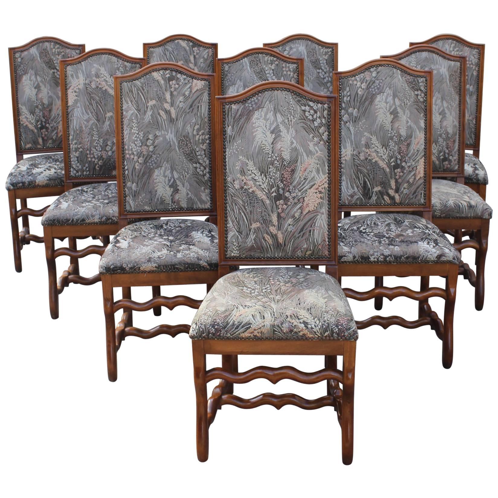 Set of Ten French, Louis XIII Style Solid Walnut Os De Mouton Dining Chairs