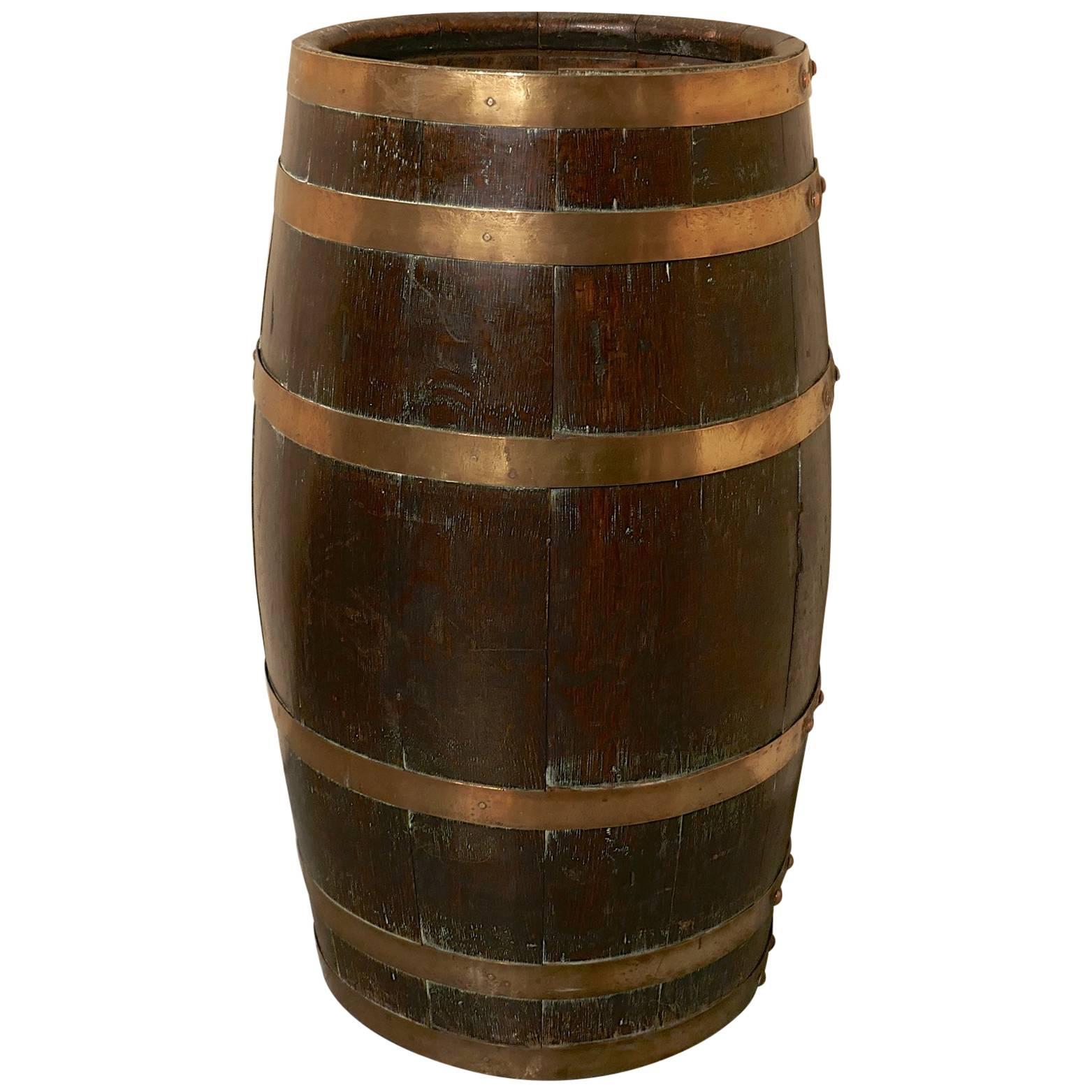 Large Brass and Oak Barrel Stick Stand