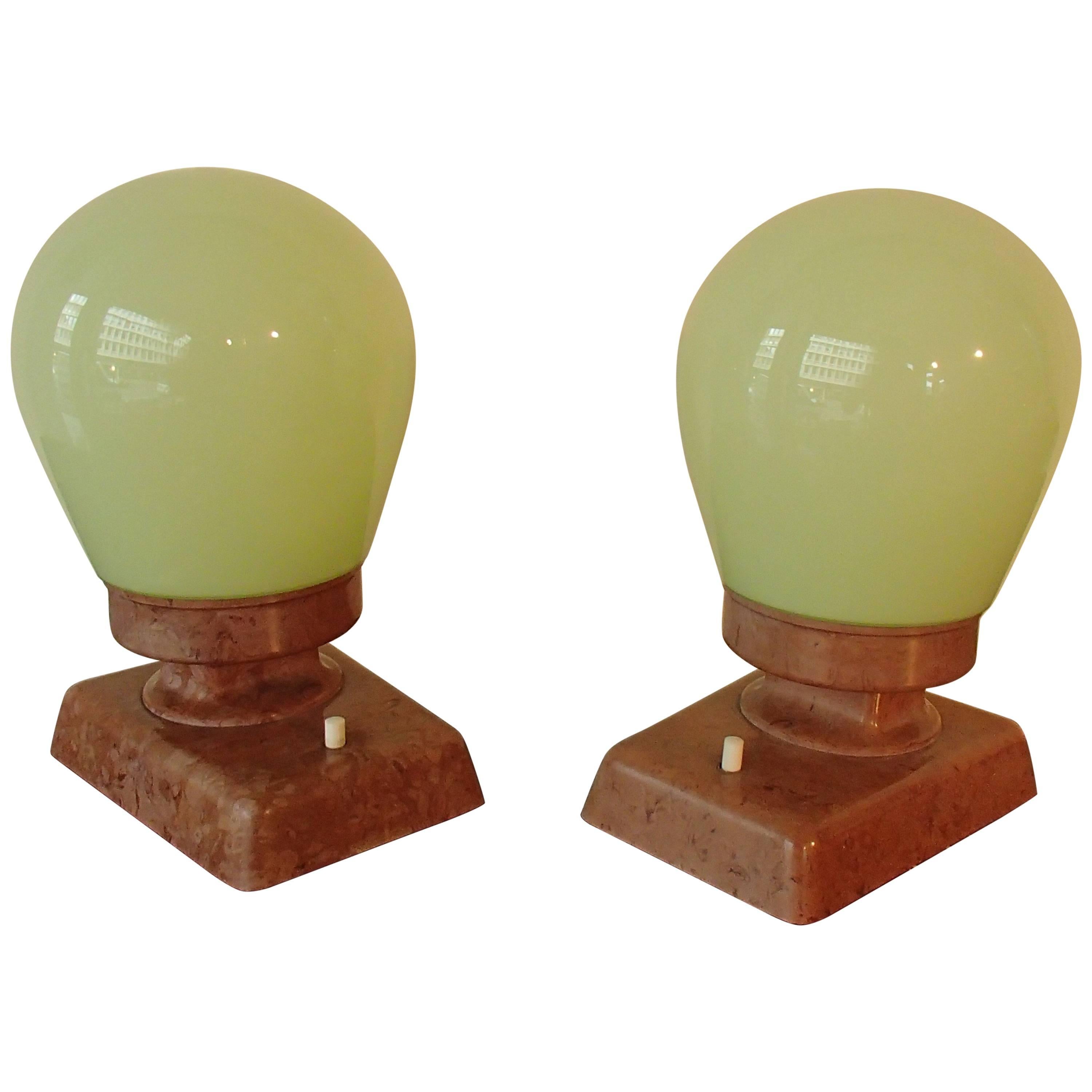Bauhaus Pair of Table Lamps or Wall Lights Brown Bakelite and Clear Green Glass