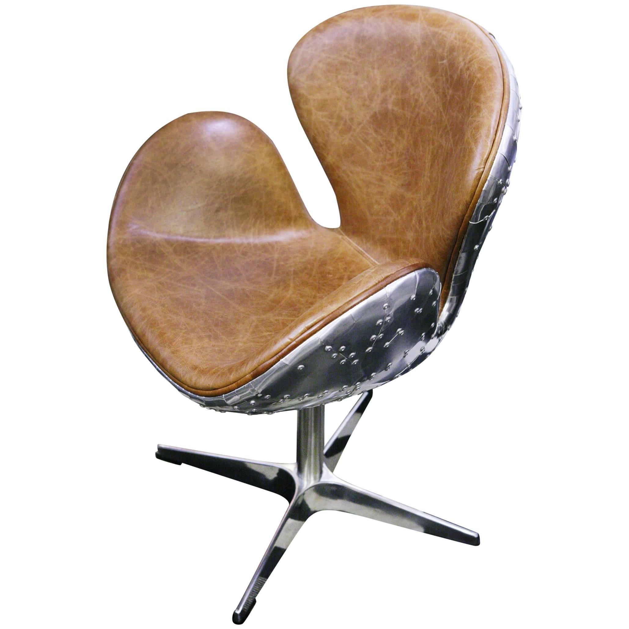 Number 5 Brown Medium Desk Armchair Swivel in Riveted Aluminium and Leather