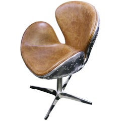 Number 5 Brown Medium Desk Armchair Swivel in Riveted Aluminium and Leather