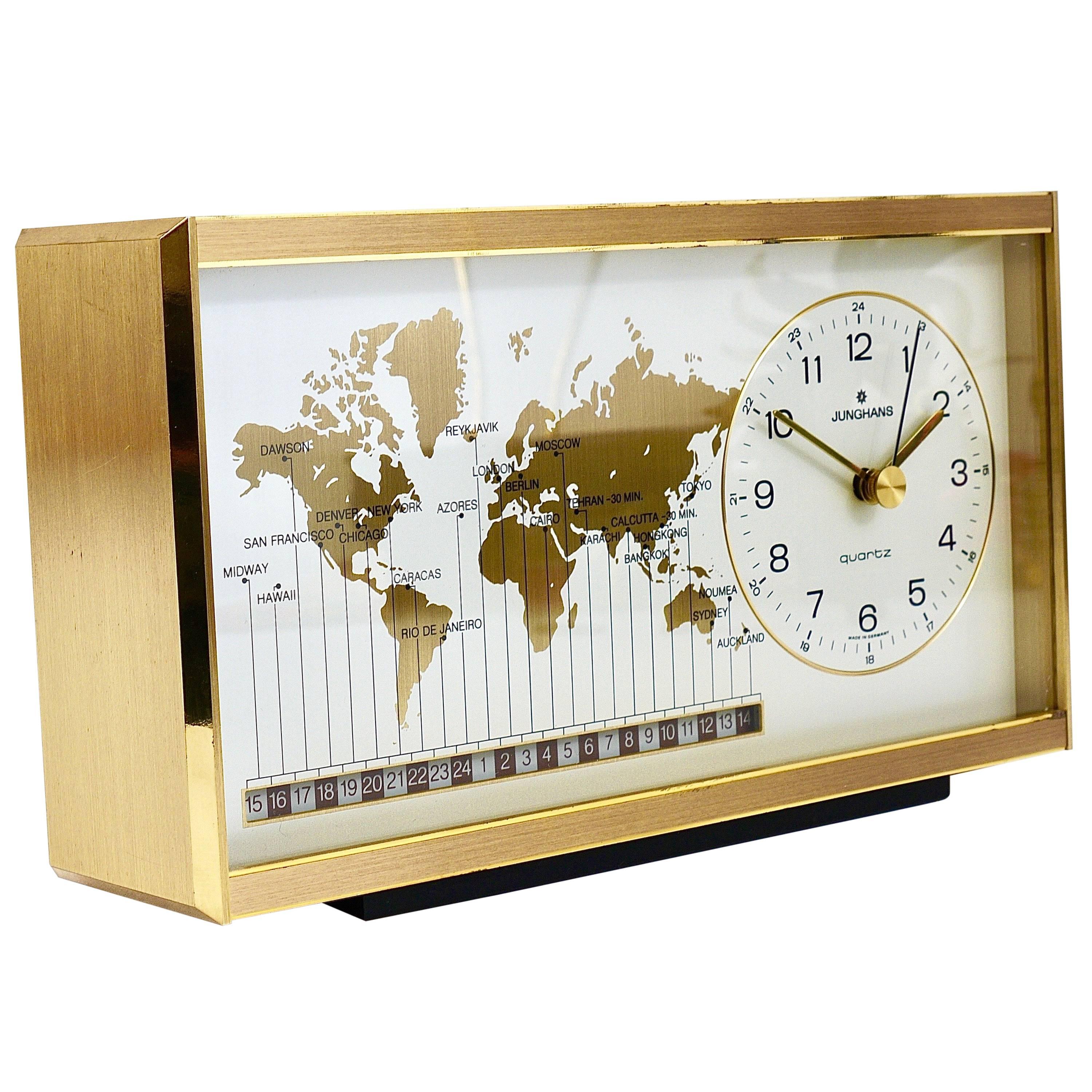 Midcentury Junghans GMT World Time Zone Brass Table Clock, Germany, 1970s
