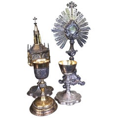 Antique Collection Monstrance Ciborium and Two Challices in Silver and Gold 19th Century