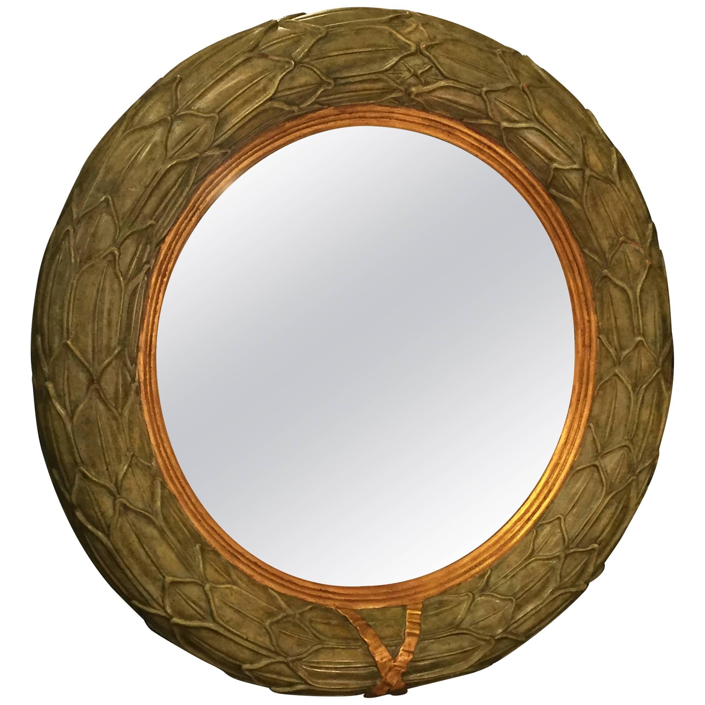 Stunning Maitland Smith Round Convex Veridian Green Mirror