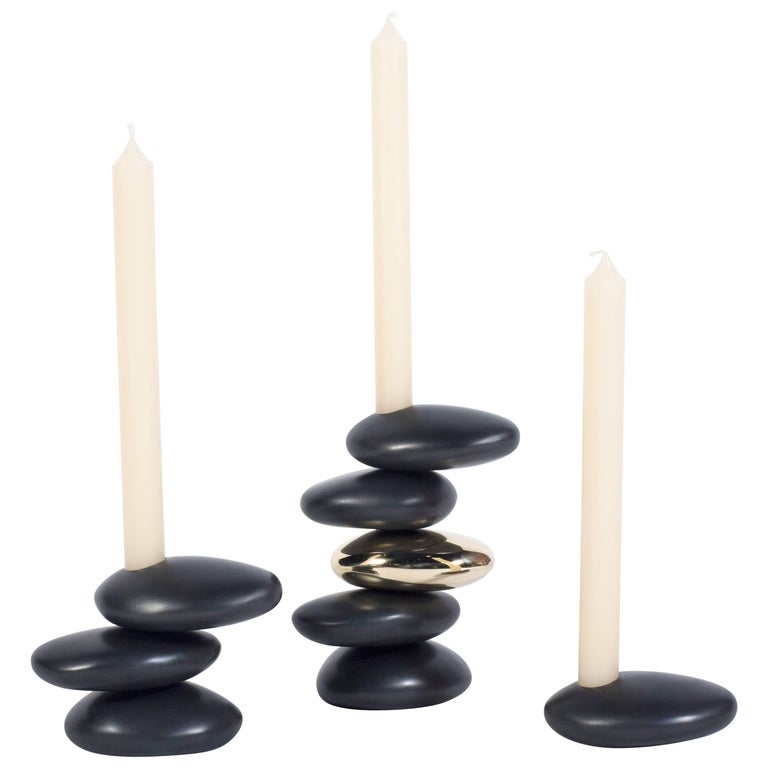 Pair Of Albert Paley Tuft Candleholders Blackened Metal And Brass Set Of Three Contemporary Blackened And Polished Brass Candleholders By Konekt