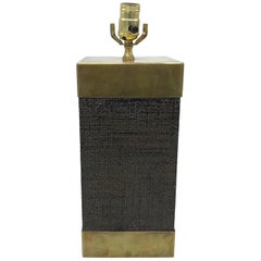 1970s Italian Karl Springer Style Brass and Lacquer Grasscloth Cube Lamp
