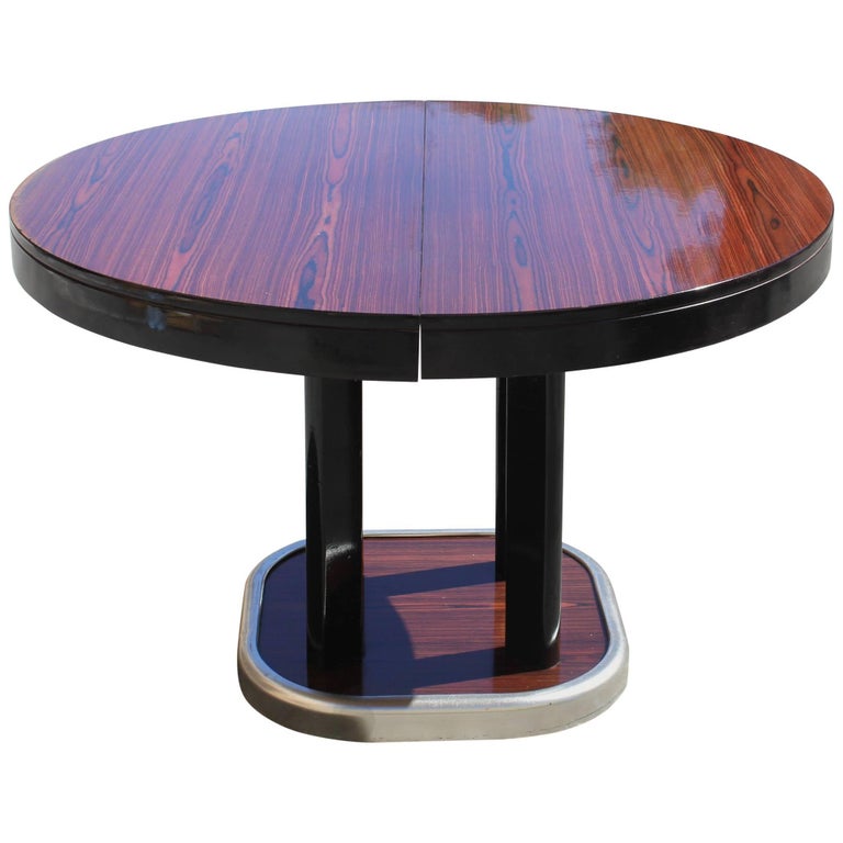 French Art Deco Macassar Ebony Round Dining Table with Built in