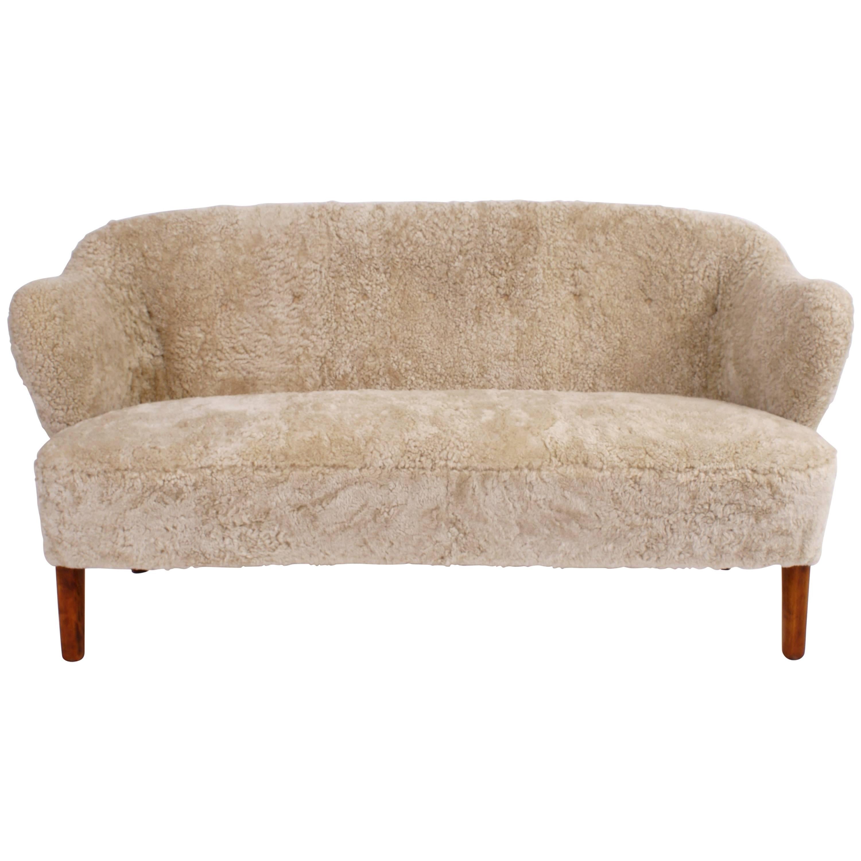 Flemming Lassen Settee in Pale Grey Sheepskin, 1940s