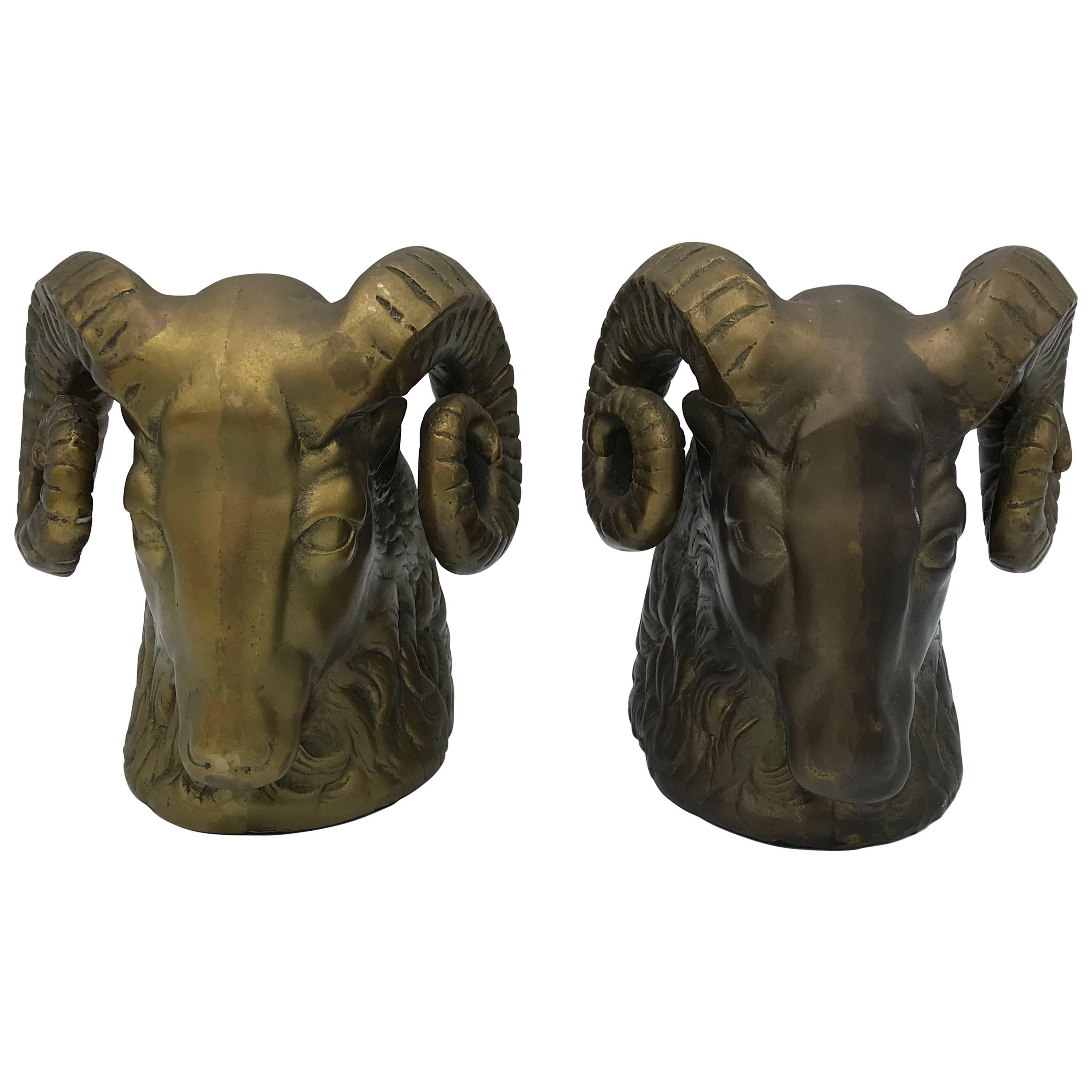 1970s Brass Ram's Head Sculpture Bookends, Pair