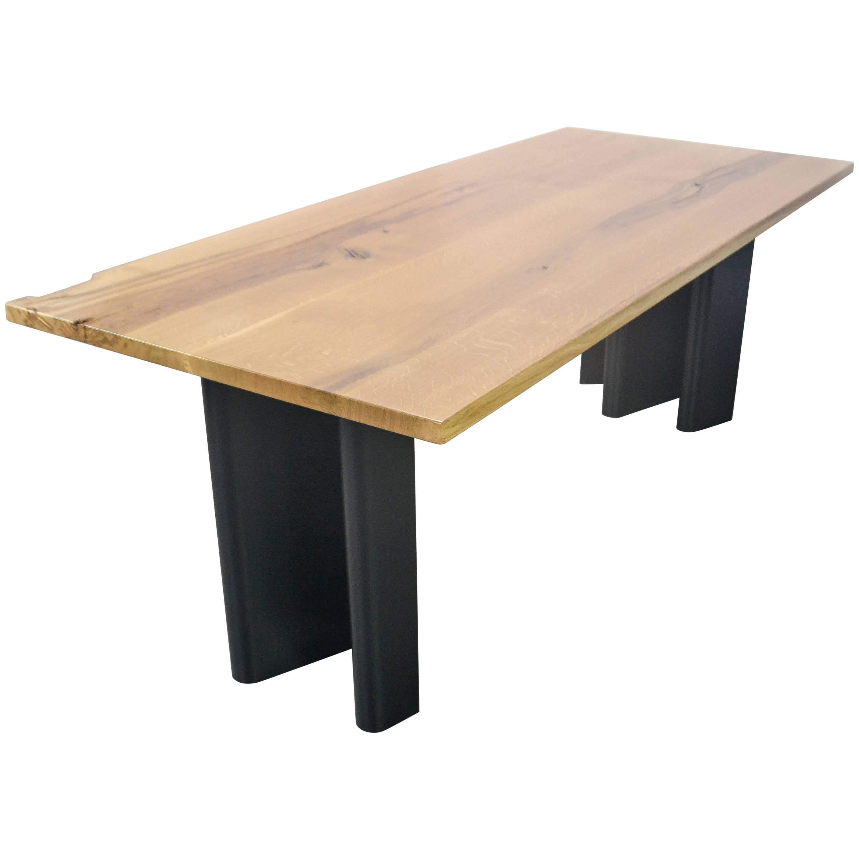 Natural Character Oak Slab Dining Table on Steel Ripple Base For Sale