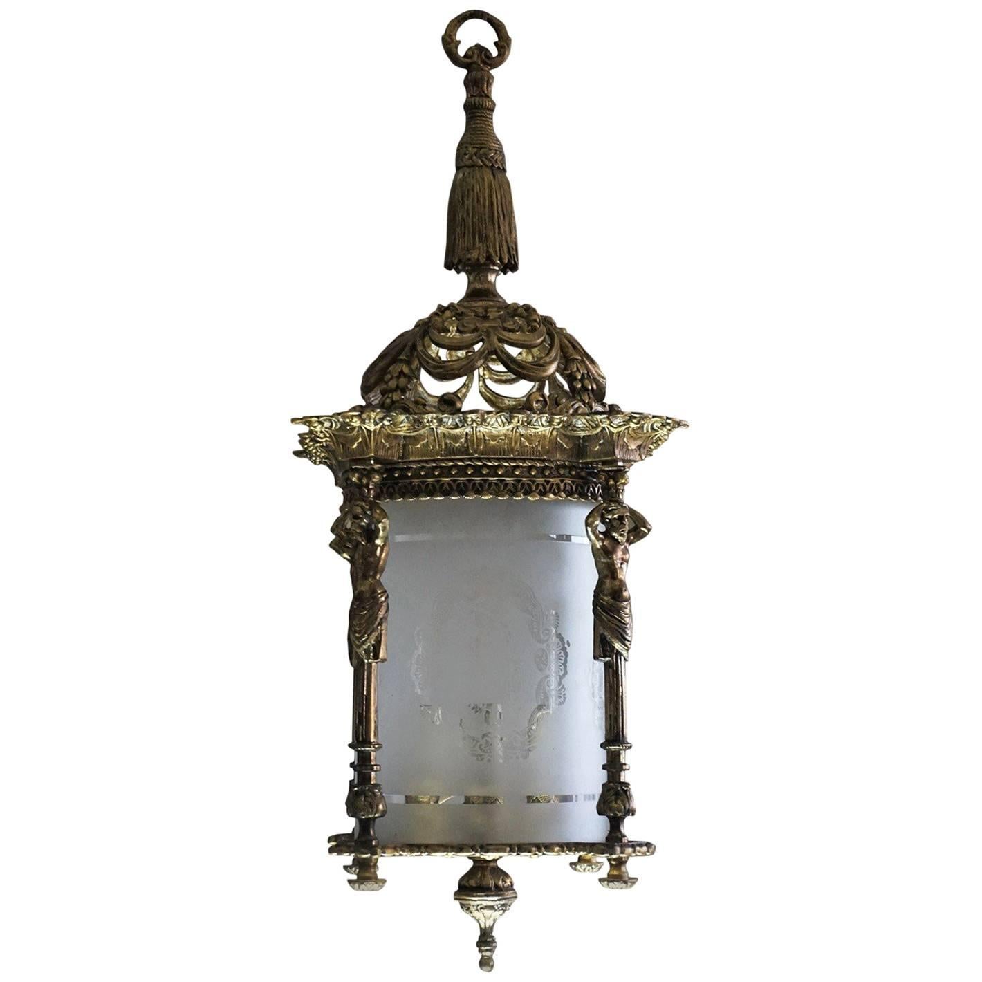 Large French Empire Style Fire-Gilded Bronze Four-Light Lantern, Chandelier
