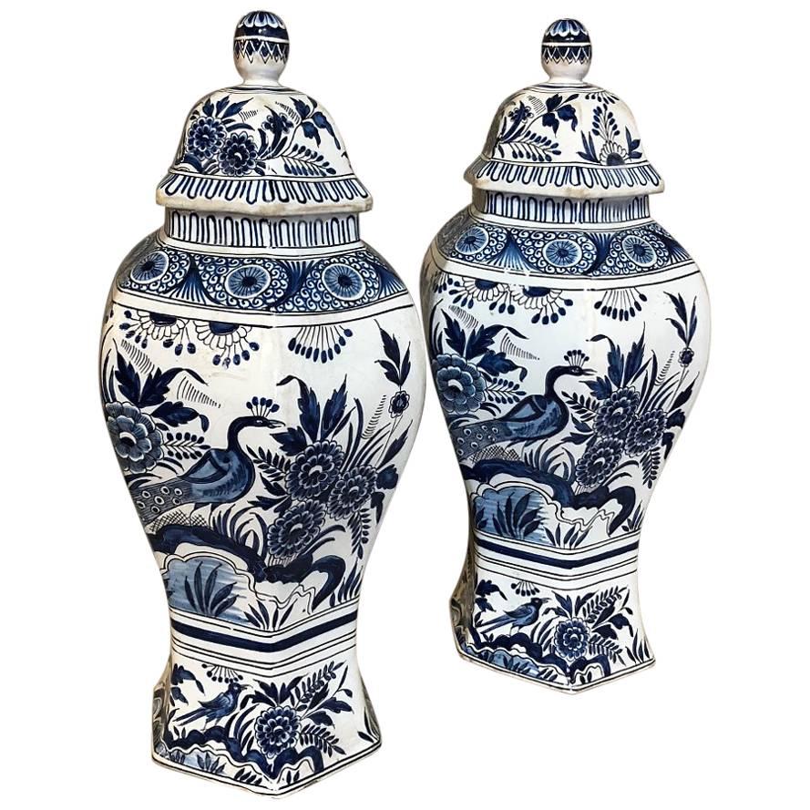 Pair of 19th Century Blue and White Delft Oriental Style Vases