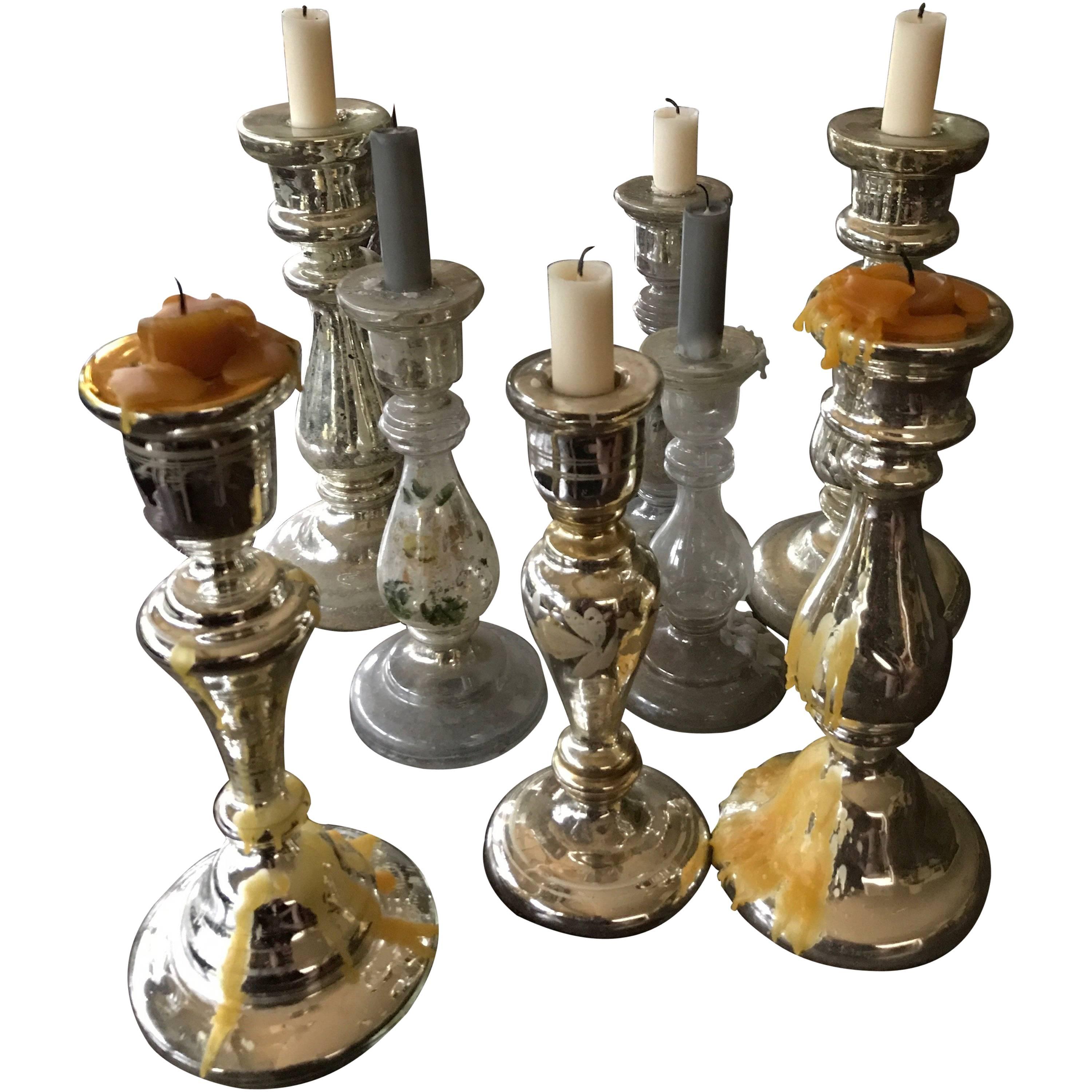 Mercury Glass Candlesticks Collection off Eight Pieces off 19th Century Antiques For Sale