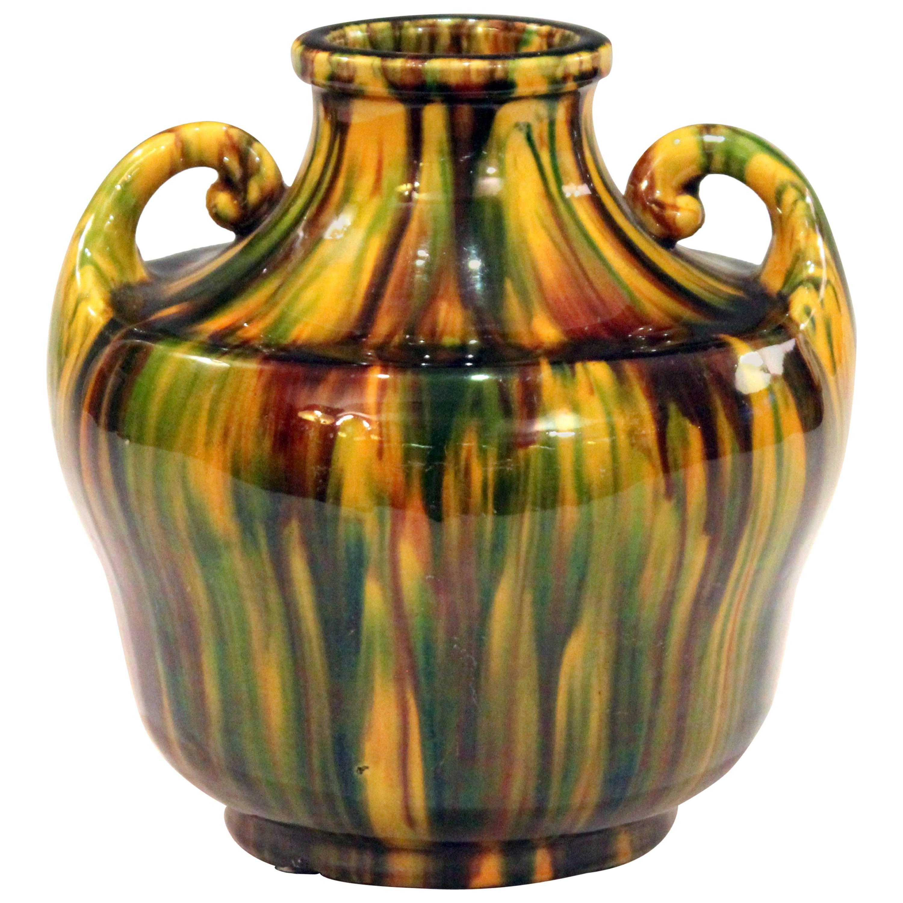 Awaji Pottery Art Deco Japanese Vintage Studio Vase in Yellow Flambe Glaze For Sale