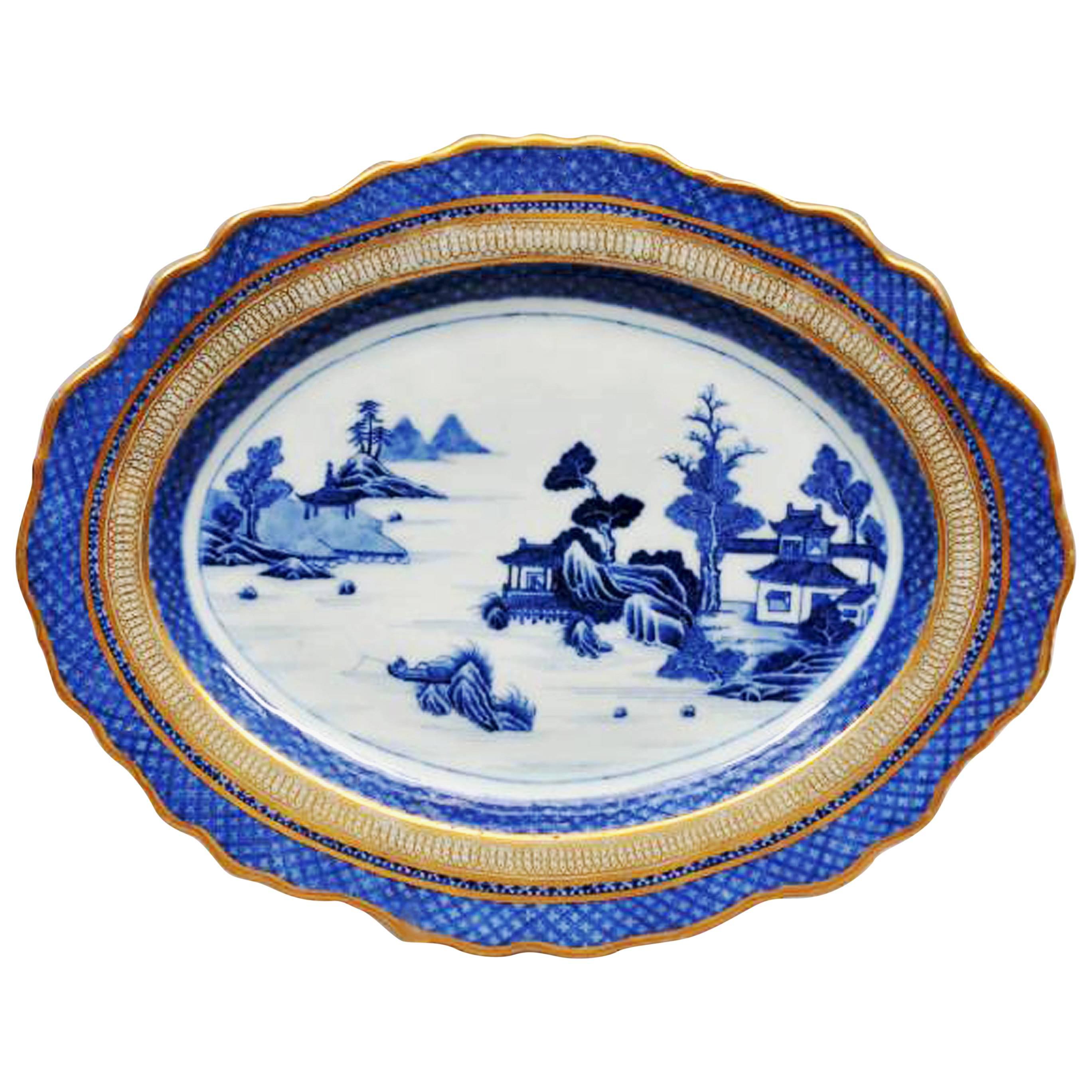 Chinese Export Porcelain Large Blue and White Dish with London Gilding, 1780
