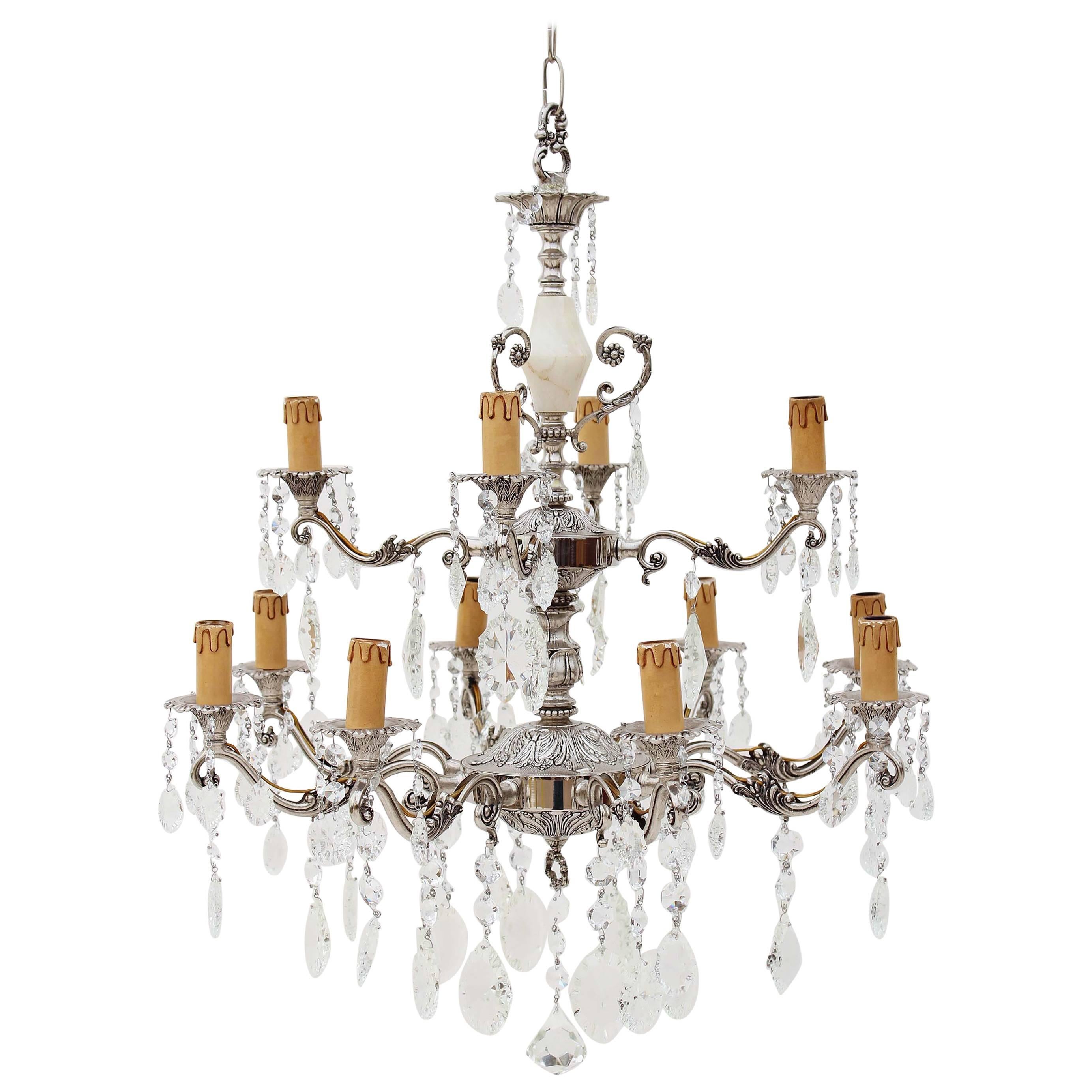 Antique Twelve-Lamp Silver on Brass Crystal Chandelier For Sale