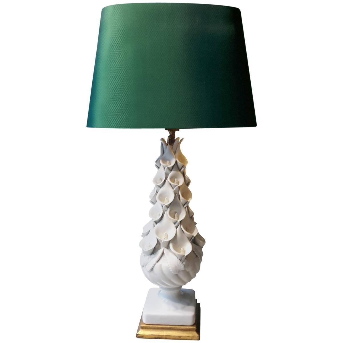 20th Century Spanish White Lamp with Calla Lilly Made of Ceramic Green Shade