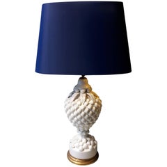 20th Century Spanish White Shell Pattern Lamp Made of Ceramic Blue Shade