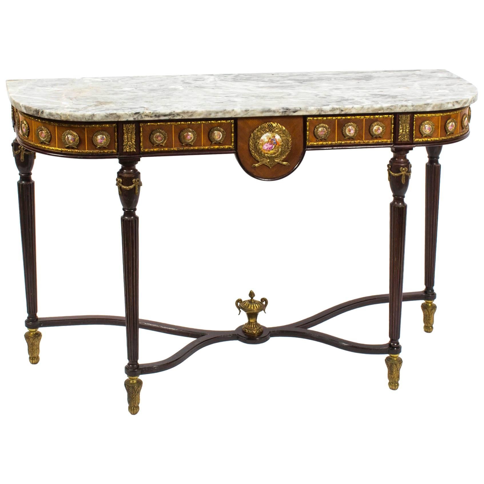 French Marble-Top Console Table Sevres Porcelain & Ormolu Mounts, 20th Century
