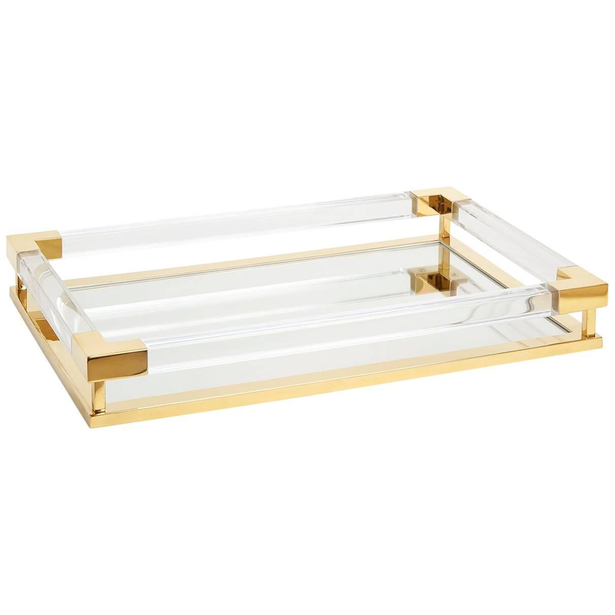 Large Jacques Tray in Clear Lucite and Brass