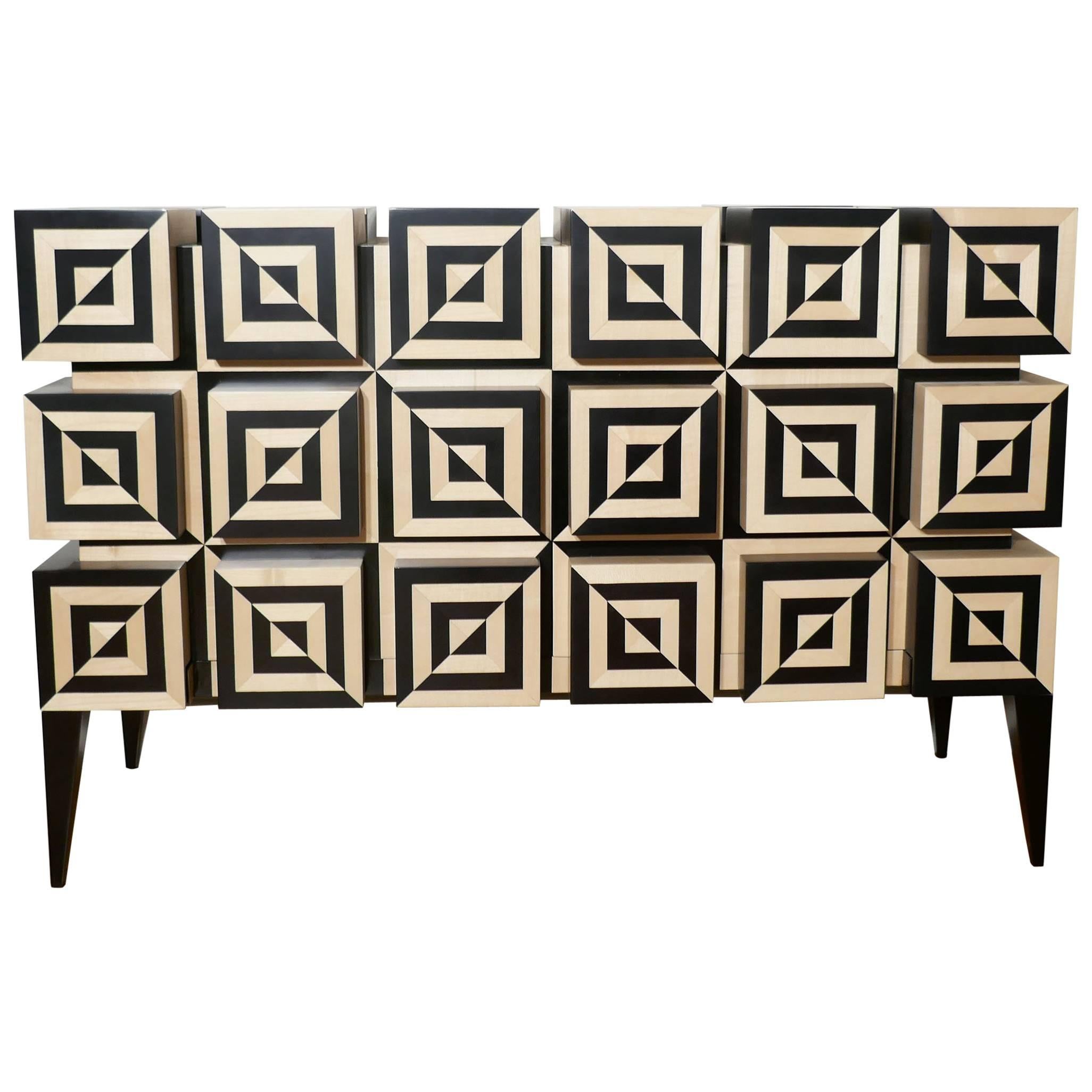 Buffet "Ondulazione 2" in bianco e nero  Marqueteria Sycomore  da Aymeric Lefort