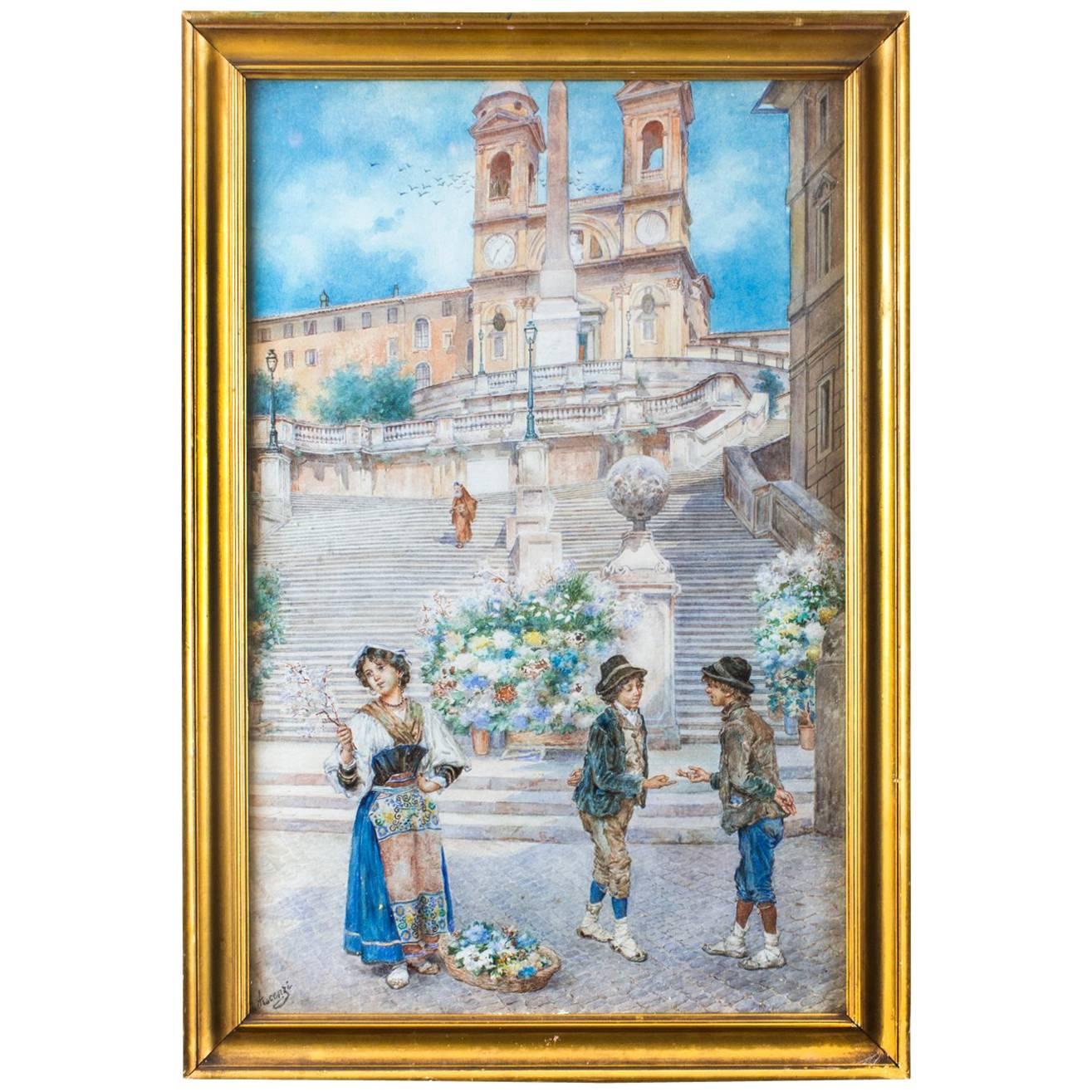 19th Century Watercolour Ettore Ascenzi "The Spanish Steps"