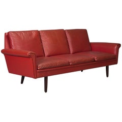 Vintage Red Leather Danish Modern Sofa